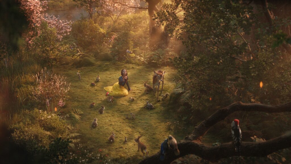 Snow White on grass surounded by animals